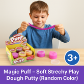 Magic Puff – Soft Stretchy Play Dough Putty (Random Color) displayed with a child stretching colorful putty.